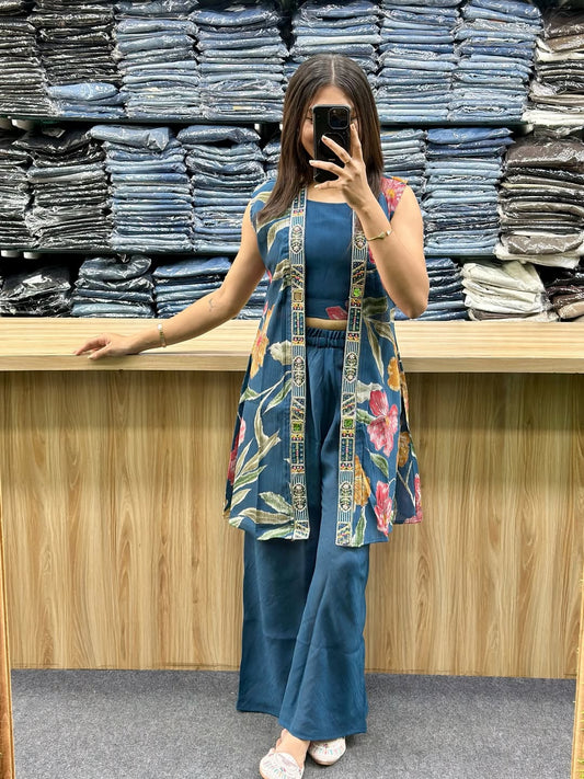 Blue Vatican Silk Co-Ord Set with Shrug