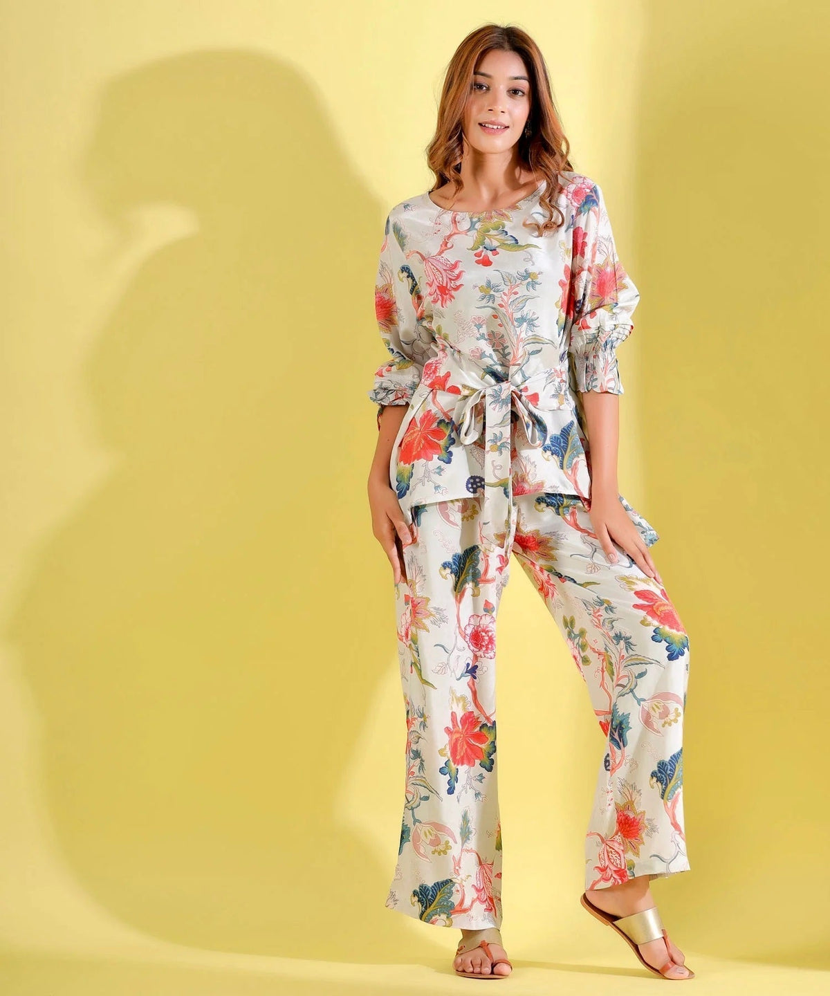 Women White Floral Printed Top And Palazzos Co-Ord Set
