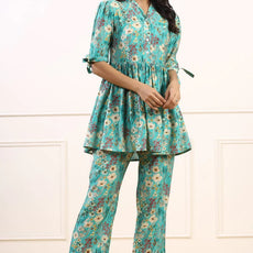 Elegant Cotton Fabric Cord Set for Women Blue