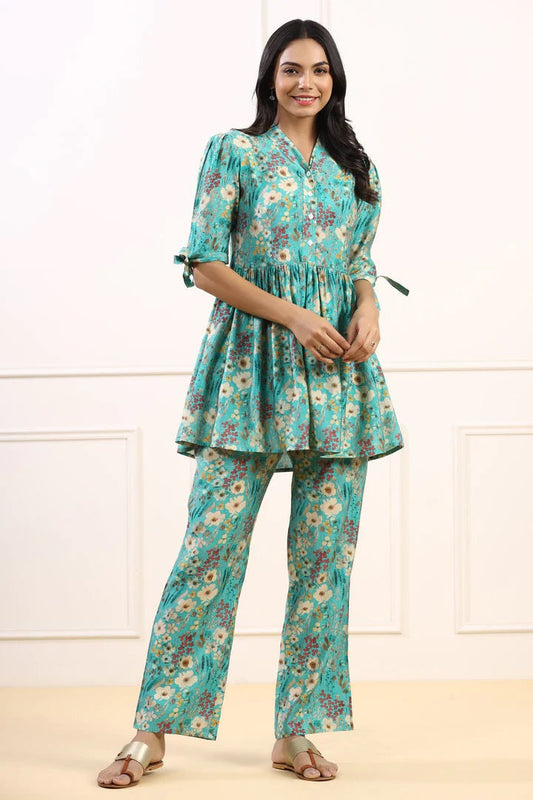Elegant Cotton Fabric Cord Set for Women Blue