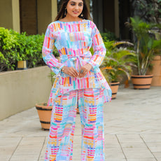 Geometric Printed Boat Neck Tunic & Trousers Cotton Co-Ords