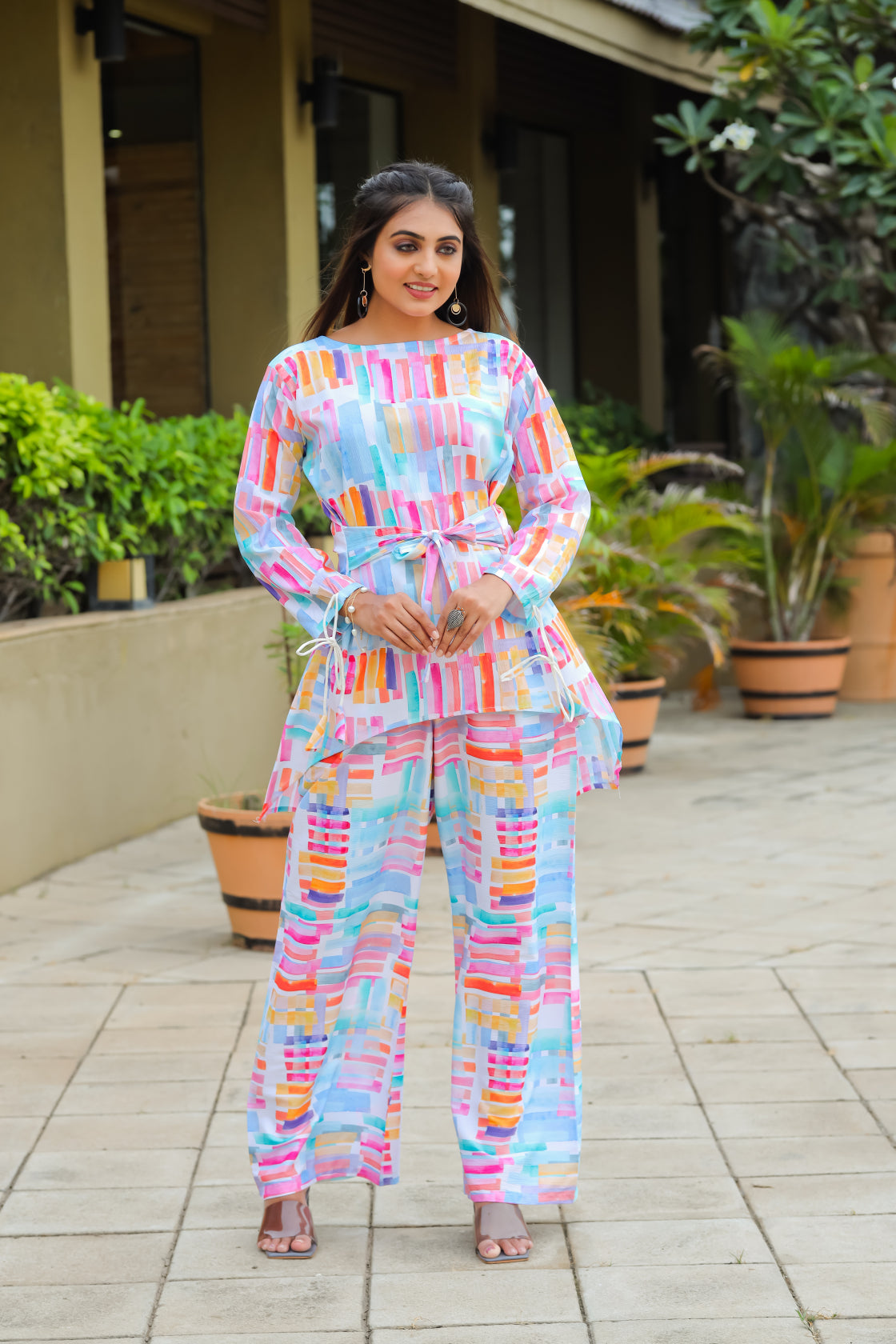 Geometric Printed Boat Neck Tunic & Trousers Cotton Co-Ords