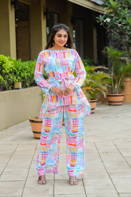 Geometric Printed Boat Neck Tunic & Trousers Cotton Co-Ords