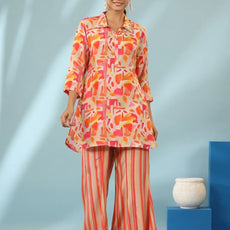 Orange Geometric Design Kurti With Stripe Pants