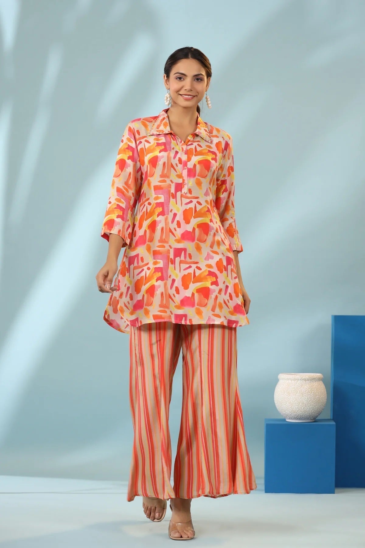 Orange Geometric Design Kurti With Stripe Pants