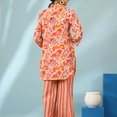 Orange Geometric Design Kurti With Stripe Pants
