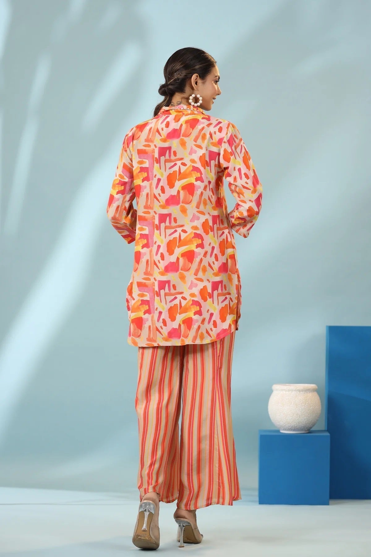 Orange Geometric Design Kurti With Stripe Pants