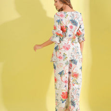 Women White Floral Printed Top And Palazzos Co-Ord Set