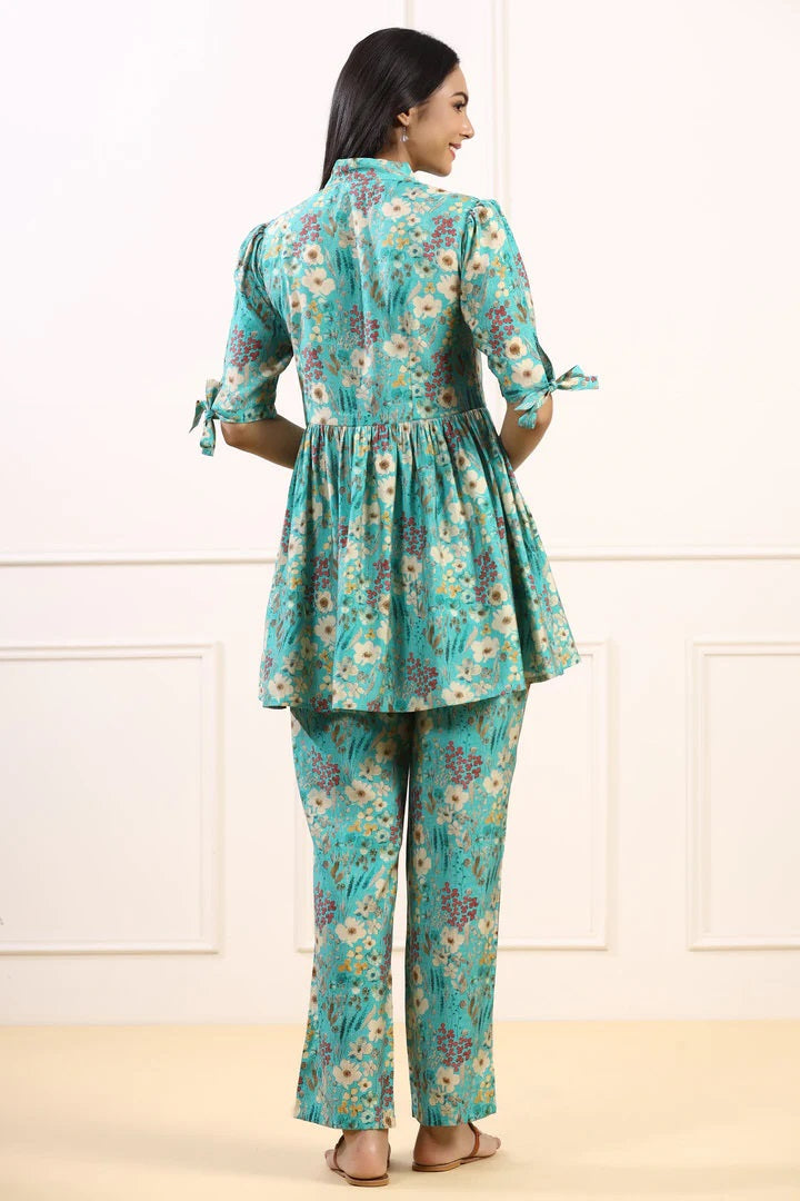 Elegant Cotton Fabric Cord Set for Women Blue