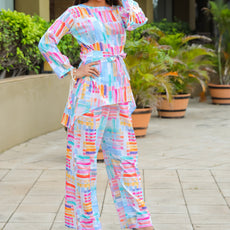 Geometric Printed Boat Neck Tunic & Trousers Cotton Co-Ords