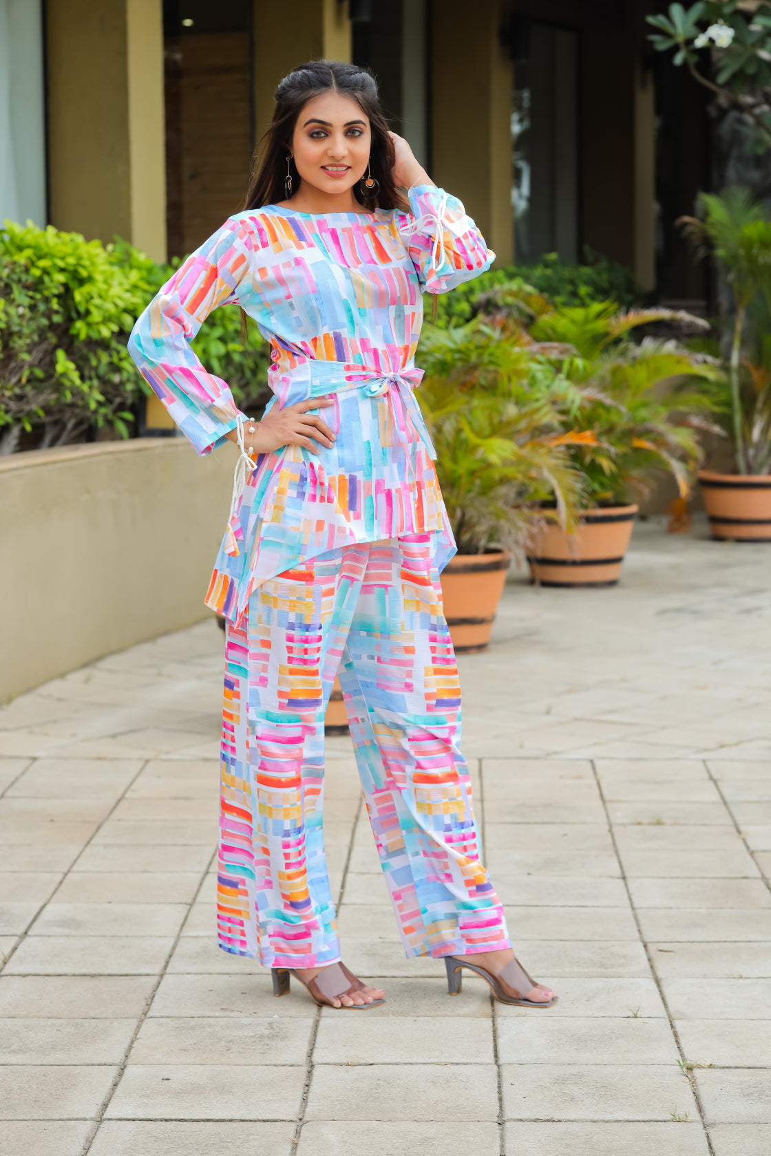 Geometric Printed Boat Neck Tunic & Trousers Cotton Co-Ords