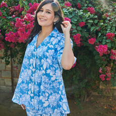 Women's Blue Floral Print Cotton Co-Ord Set