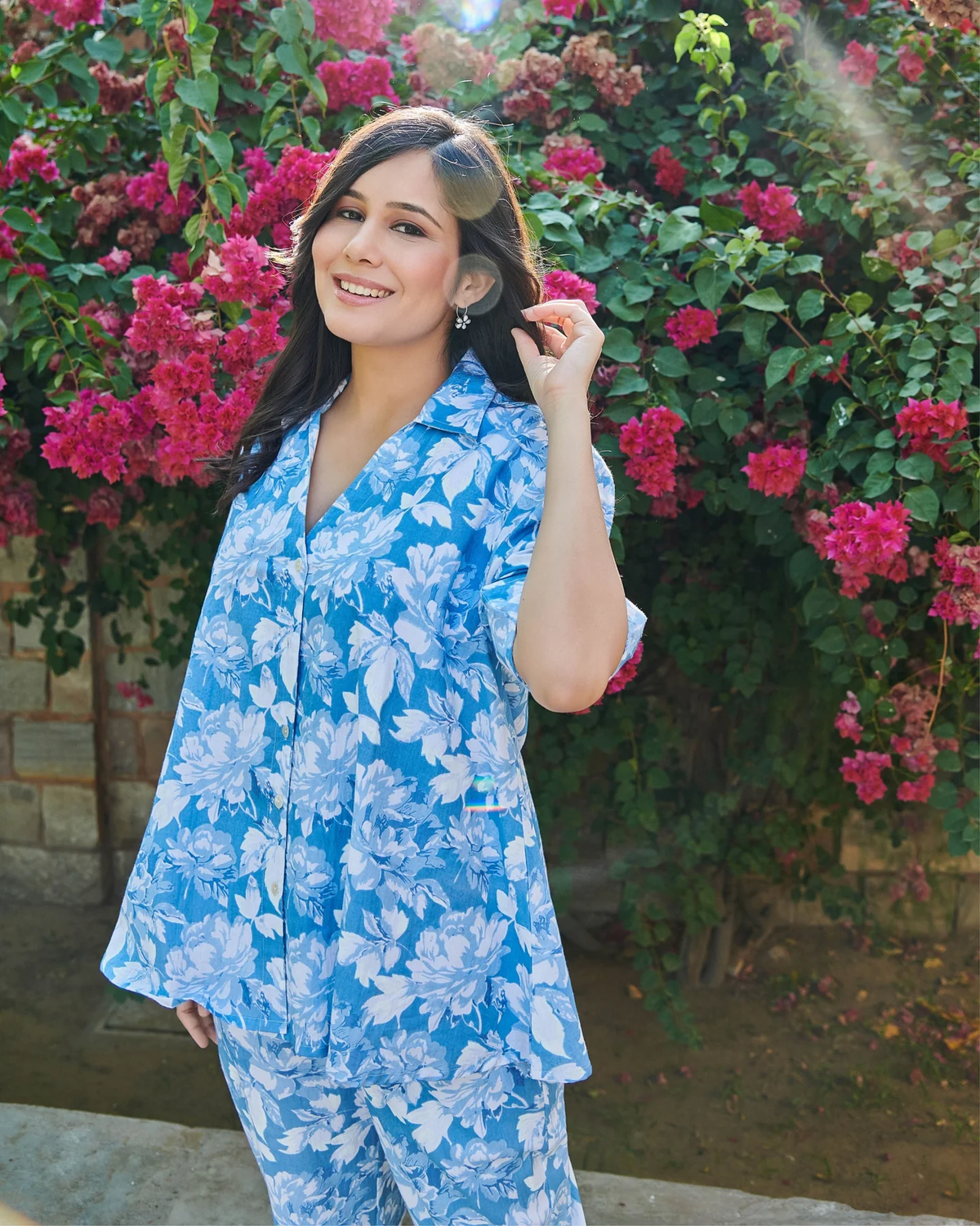 Women's Blue Floral Print Cotton Co-Ord Set
