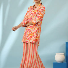 Orange Geometric Design Kurti With Stripe Pants