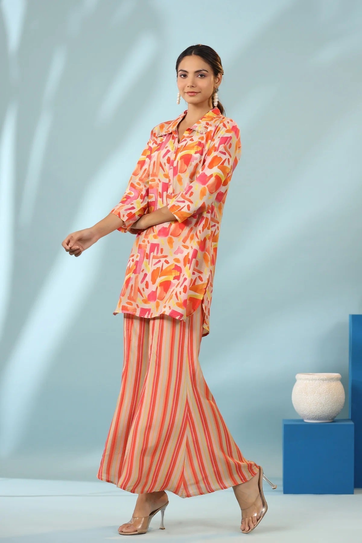 Orange Geometric Design Kurti With Stripe Pants