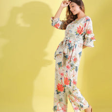 Women White Floral Printed Top And Palazzos Co-Ord Set