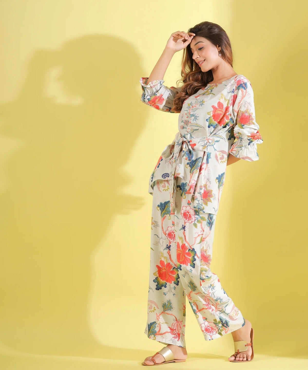 Women White Floral Printed Top And Palazzos Co-Ord Set