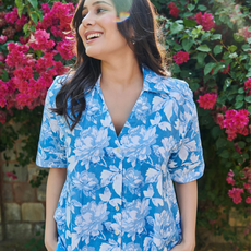 Women's Blue Floral Print Cotton Co-Ord Set