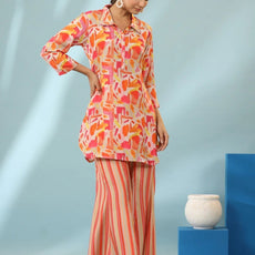 Orange Geometric Design Kurti With Stripe Pants