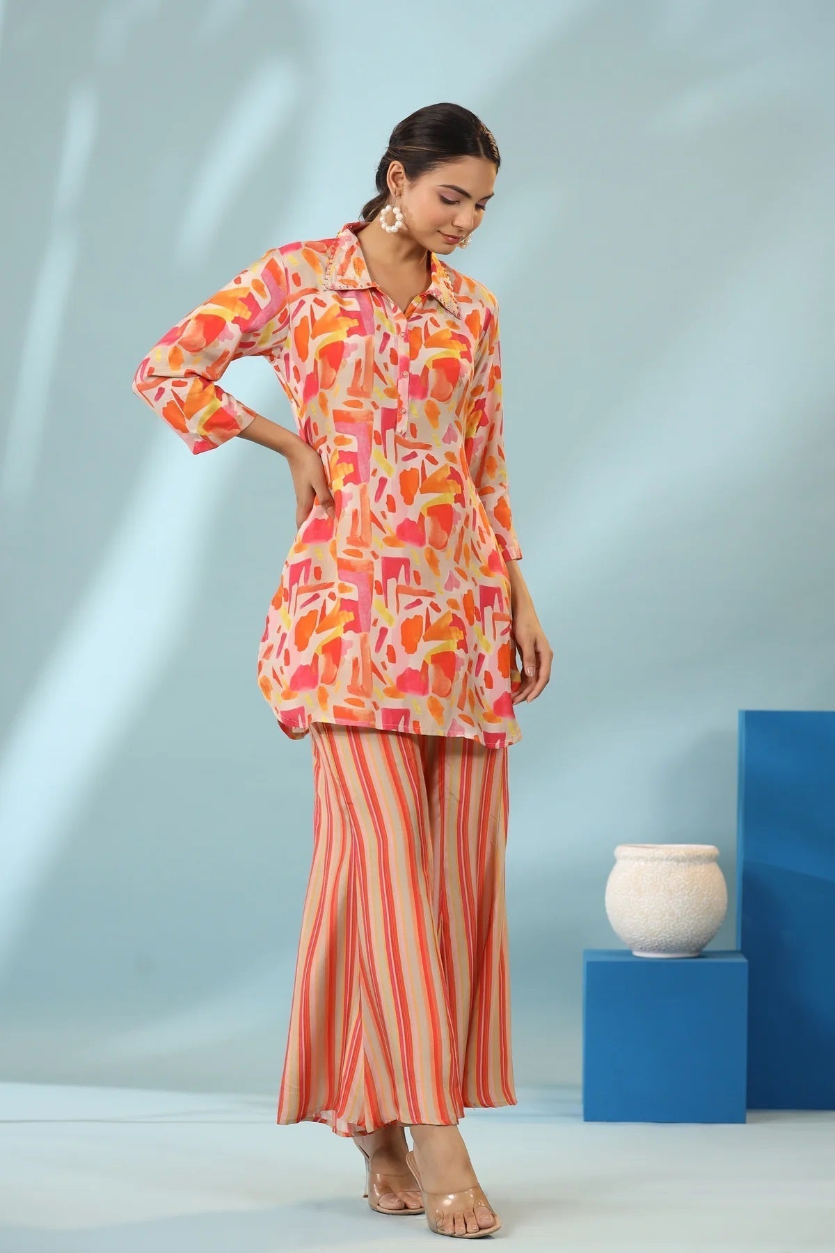 Orange Geometric Design Kurti With Stripe Pants