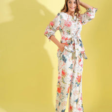 Women White Floral Printed Top And Palazzos Co-Ord Set