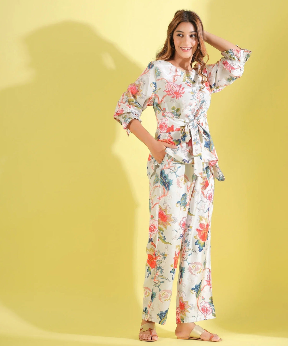 Women White Floral Printed Top And Palazzos Co-Ord Set