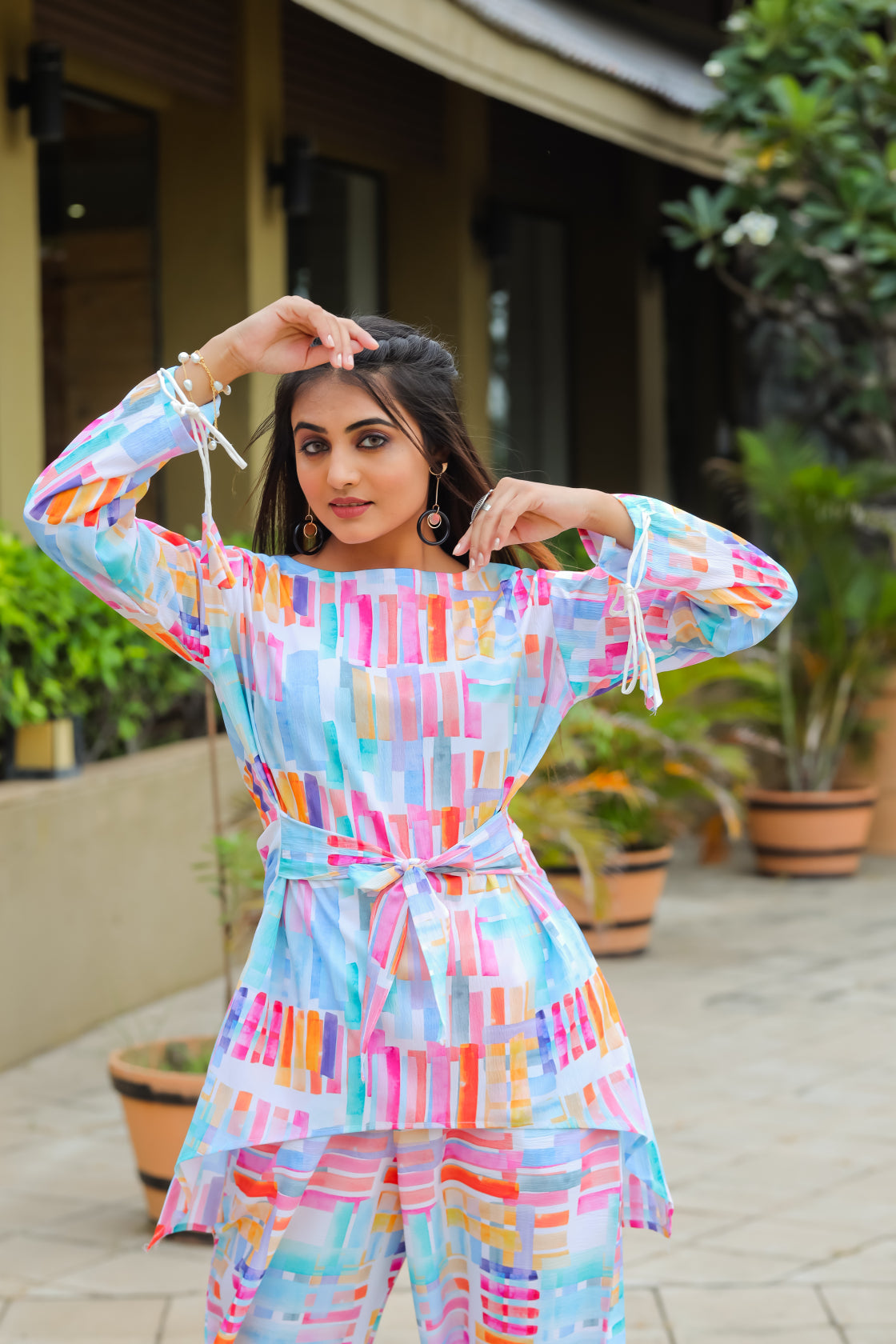 Geometric Printed Boat Neck Tunic & Trousers Cotton Co-Ords