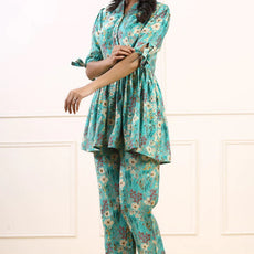 Elegant Cotton Fabric Cord Set for Women Blue