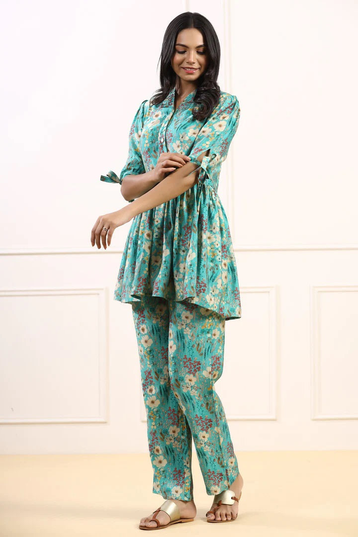 Elegant Cotton Fabric Cord Set for Women Blue