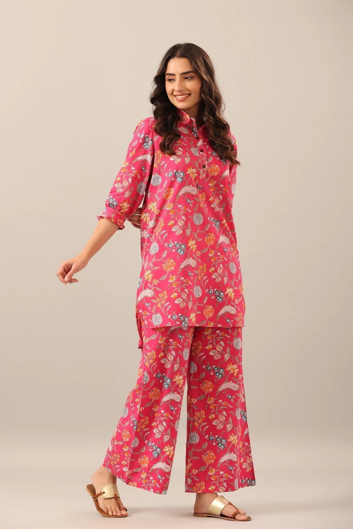 Women Pink Shirt Collar Co-Ord Sets