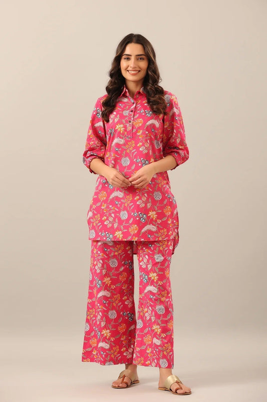 Women Pink Shirt Collar Co-Ord Sets