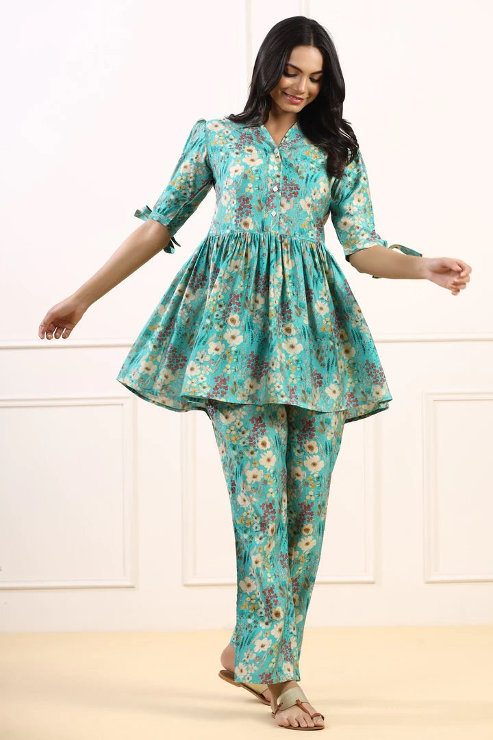Elegant Cotton Fabric Cord Set for Women Blue