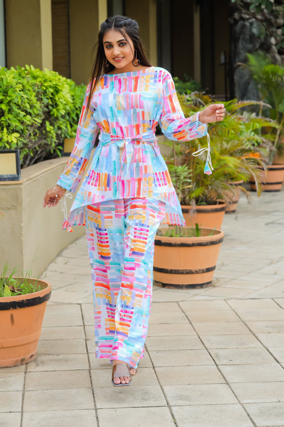 Geometric Printed Boat Neck Tunic & Trousers Cotton Co-Ords