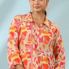 Orange Geometric Design Kurti With Stripe Pants