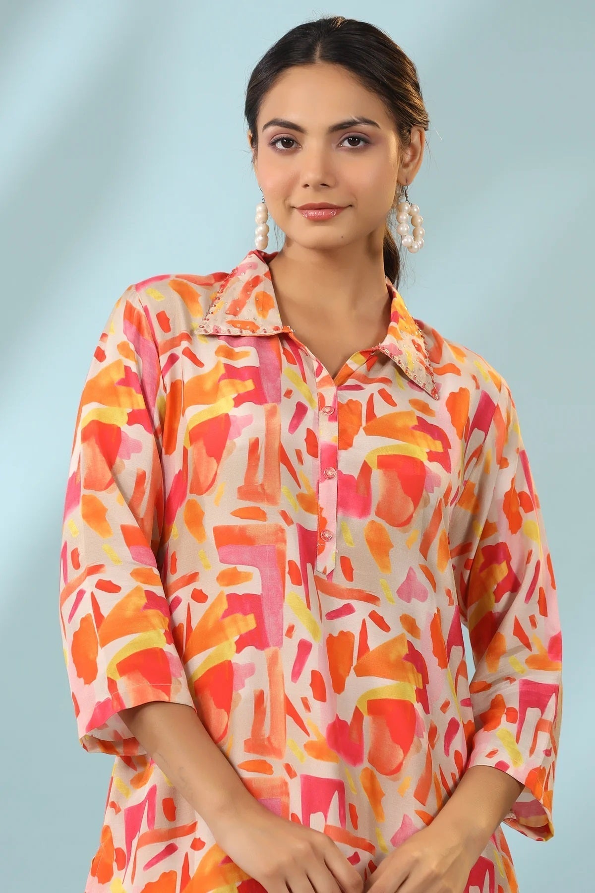 Orange Geometric Design Kurti With Stripe Pants