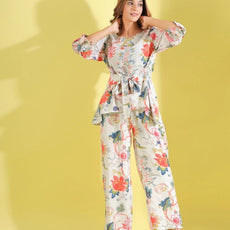 Women White Floral Printed Top And Palazzos Co-Ord Set