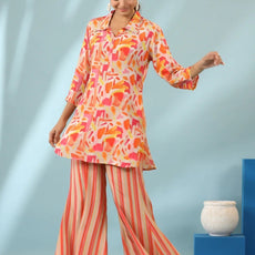 Orange Geometric Design Kurti With Stripe Pants