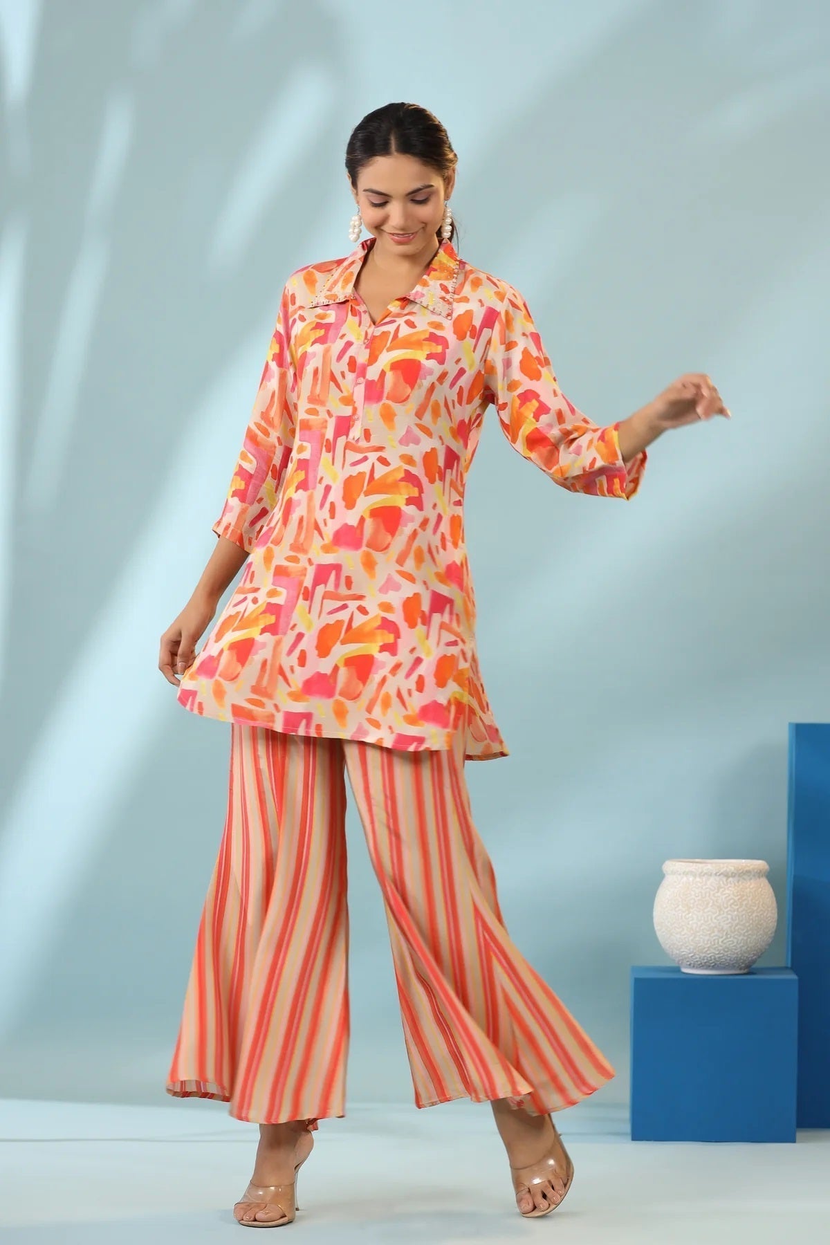 Orange Geometric Design Kurti With Stripe Pants
