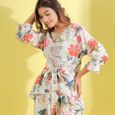 Women White Floral Printed Top And Palazzos Co-Ord Set