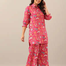 Women Pink Shirt Collar Co-Ord Sets