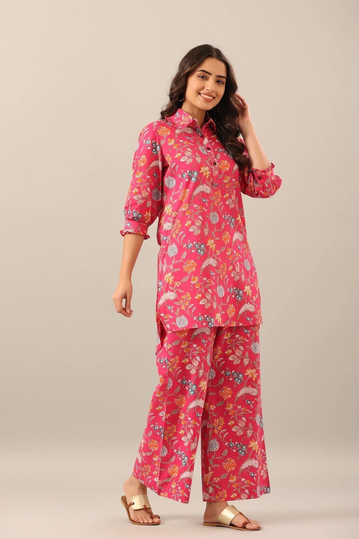Women Pink Shirt Collar Co-Ord Sets