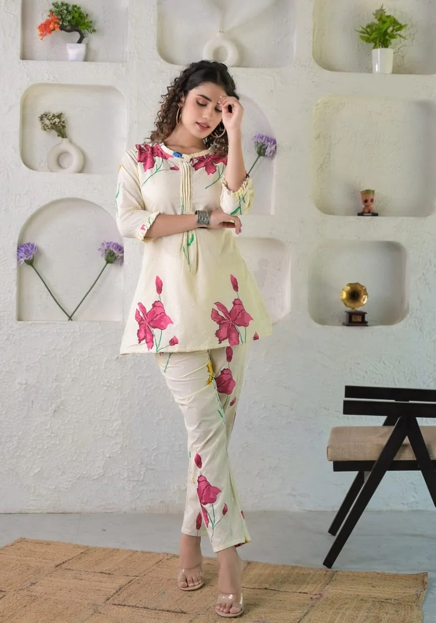 Women Cotton Blend A-Line Pant Set