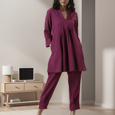 Plum Purple Rayon Slub Texture Pleated Co-Ord Set