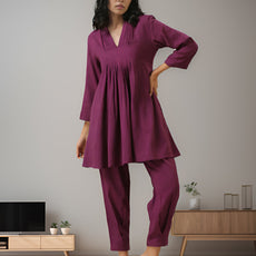 Plum Purple Rayon Slub Texture Pleated Co-Ord Set