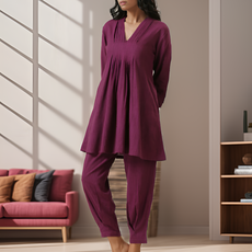 Plum Purple Rayon Slub Texture Pleated Co-Ord Set