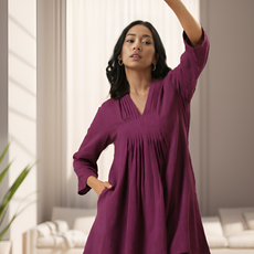 Plum Purple Rayon Slub Texture Pleated Co-Ord Set