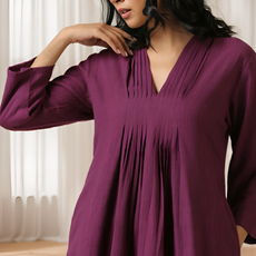 Plum Purple Rayon Slub Texture Pleated Co-Ord Set