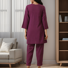 Plum Purple Rayon Slub Texture Pleated Co-Ord Set