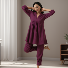 Plum Purple Rayon Slub Texture Pleated Co-Ord Set