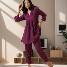 Plum Purple Rayon Slub Texture Pleated Co-Ord Set